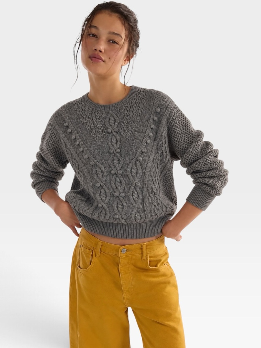 Anagram Grey 100% Merino Wool Cable Knit Bobble Pullover Sweater Size 34/S